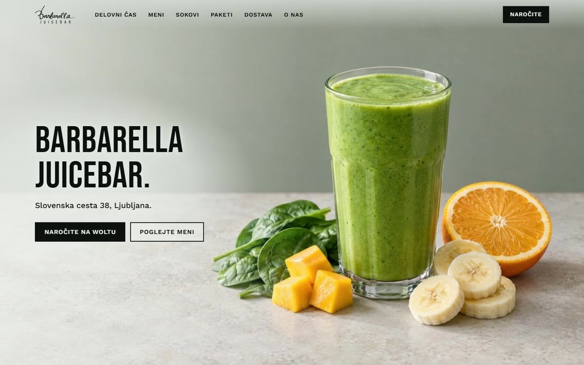 Predlog strani za Barbarella Juicebar: kozarec zelenega smoothieja in naslov